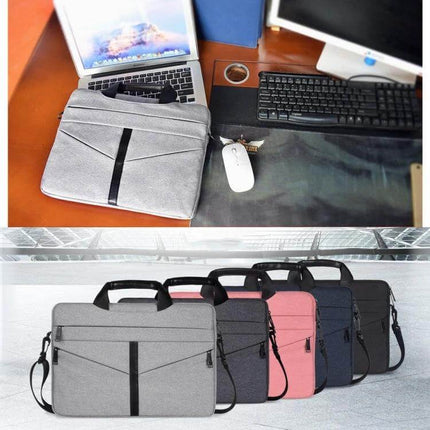 14.1 Inch Zipper Laptop Bag for Business with Shoulder Strap shown in gray on desk and in multiple colors with pockets and shoulder strap