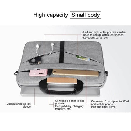 14.1 Inch Zipper Laptop Bag for Business with Shoulder Strap showing high-capacity compact design, multiple concealed pockets for laptop and accessories