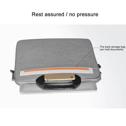 14.1 Inch Zipper Laptop Bag for Business with Shoulder Strap showing compact gray case, concealed pockets and rear storage holding documents