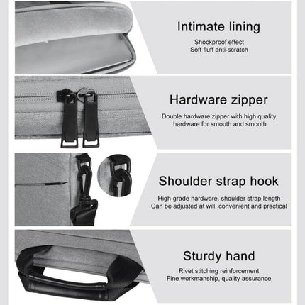 14.1 Inch Zipper Laptop Bag for Business with Shoulder Strap showing lining, hardware zipper, shoulder strap hook and sturdy handle