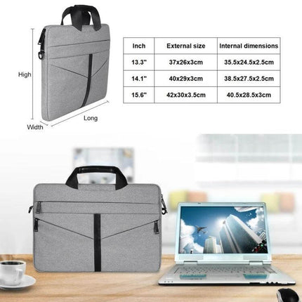 14.1 Inch Zipper Laptop Bag for Business with Shoulder Strap grey slim briefcase with pockets shown next to laptop and size chart