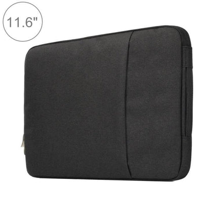Soft Zipper Pouch for 11.6 Inch Laptops and Everyday Carry in black flannelette with front pocket and zipper, protects laptop and accessories