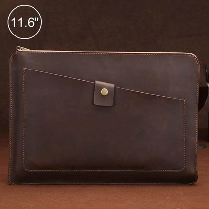 Genuine Leather Protective Sleeve for 11.6 Inch Laptops and Tablets – slim brown leather zip sleeve with front pocket and snap closure