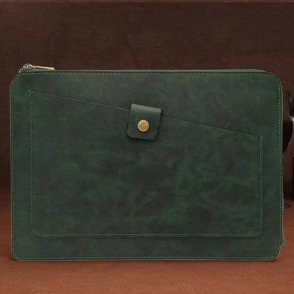 Genuine Leather Protective Sleeve for 11.6 Inch Laptops and Tablets – dark green slim leather sleeve with front pocket and snap closure