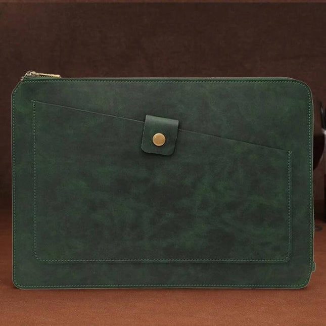 Genuine Leather Protective Sleeve for 11.6 Inch Laptops and Tablets – dark green slim leather sleeve with front pocket and snap closure