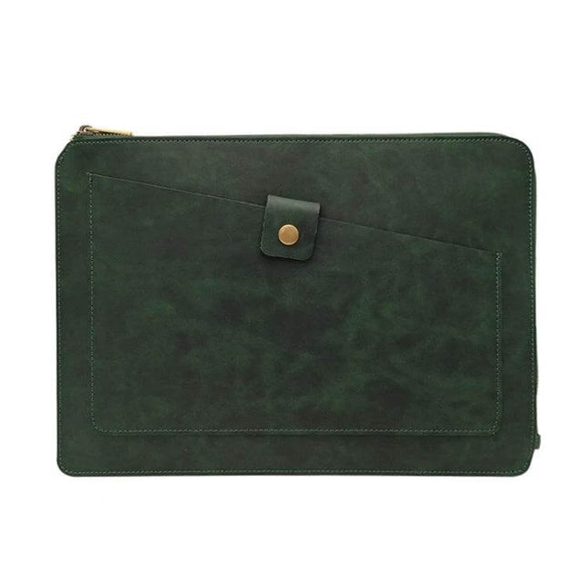 Genuine Leather Protective Sleeve for 11.6 Inch Laptops and Tablets - dark green zip and snap folio sleeve