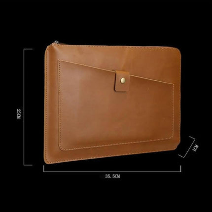 Genuine Leather Protective Sleeve for 11.6 Inch Laptops and Tablets in tan with front pocket and zip closure, slim protective case