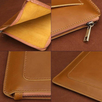 Genuine Leather Protective Sleeve for 11.6 Inch Laptops and Tablets - brown zippered leather sleeve close-up of stitching, zipper and soft interior
