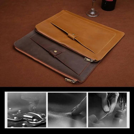 Genuine Leather Protective Sleeve for 11.6 Inch Laptops and Tablets - slim brown tan leather sleeve with zipper and snap pocket, durable travel protection