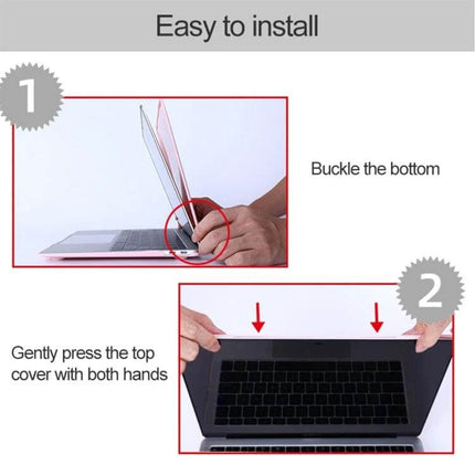 Slim Shockproof Crystal Case For Huawei MateBook X showing easy installation steps with hands buckling bottom and pressing top cover