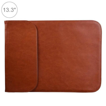 13.3 Inch Laptop Case with Versatile Mouse Pad Function in brown PU leather, folds into smooth mouse pad for travel and remote work
