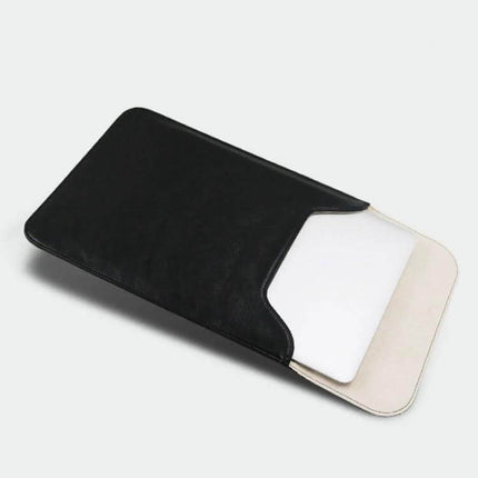 PU Leather Laptop Sleeve for 15.4 Inch Laptops and Mouse Pad Function - black protective sleeve with laptop partially inserted