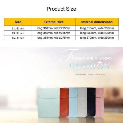 PU Leather Laptop Sleeve for 15.4 Inch Laptops and Mouse Pad Function - size chart and five colored sleeves display