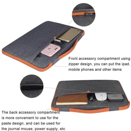 Spacious 13.3 Inch Laptop Bag for Everyday Essentials and Travel - gray fabric sleeve with front and back accessory compartments and orange trim
