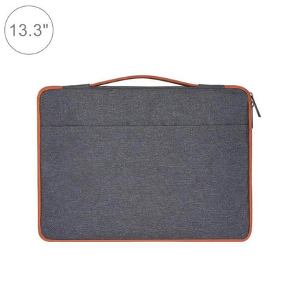 Spacious 13.3 Inch Laptop Bag for Everyday Essentials and Travel - gray fabric sleeve with brown trim and top handle