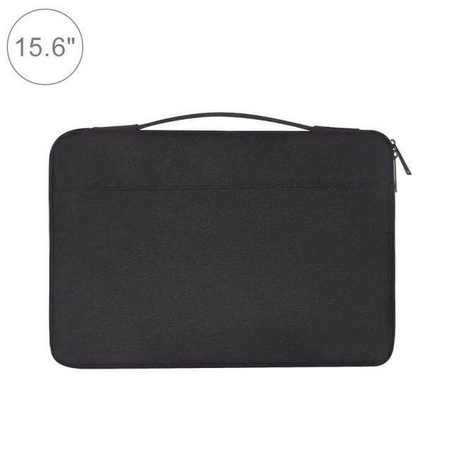 Versatile 15.6 Inch Laptop Bag for Daily Commute and Essentials — black wear-resistant fabric sleeve with top handle and zip, front pocket for essentials