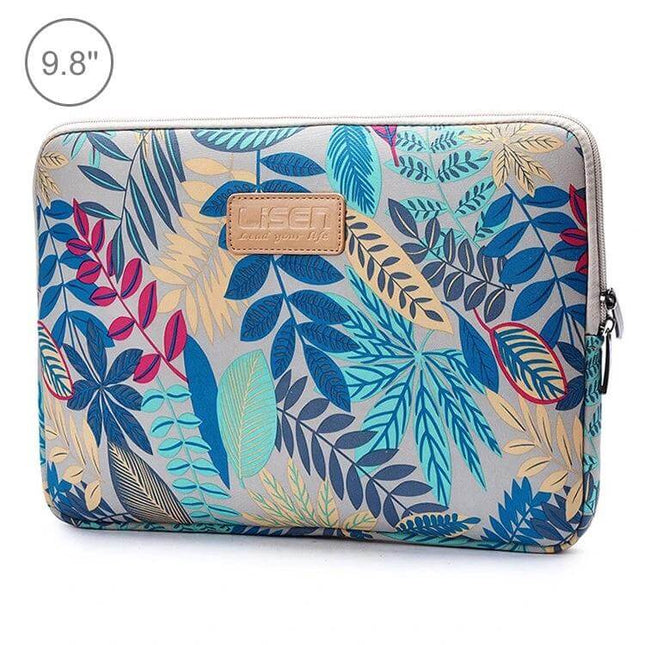 Lisen 9.8 Inch Protective Sleeve Case for Tablets with Colorful Leaves showing multicolor leaf print neoprene sleeve and zipper protection
