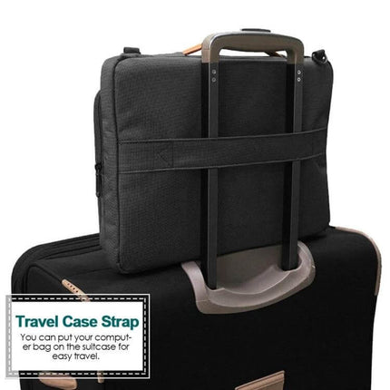 Waterproof Nylon Laptop Bag for 15.6-Inch Laptops with Trolley Strap shown mounted on suitcase for travel protection and easy access
