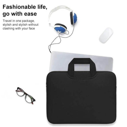 13.3 Inch Air Permeable Protective Sleeve for Laptops and MacBooks shown in black with handle, holding a laptop for commuting and everyday protection