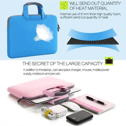 Portable Sleeve Bag for 15.4 Inch Laptops with Air Permeability - blue neoprene sleeve with hidden handle and external pocket for charger and accessories