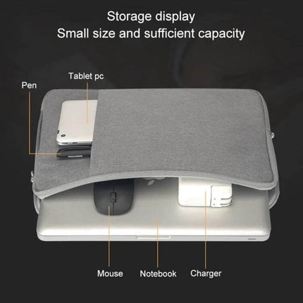 POFOKO Denim Business Laptop Bag for 12.5-13 Inch Laptops showing double compartments with laptop, tablet, mouse, charger and pen storage