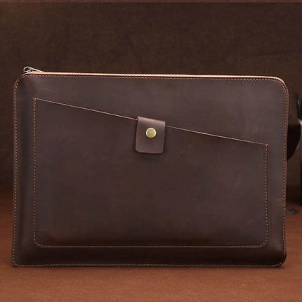 Genuine Leather Business Zipper Bag for 12-Inch Laptops and Tablets in dark brown with front pocket and zipper, soft-lined protective travel case