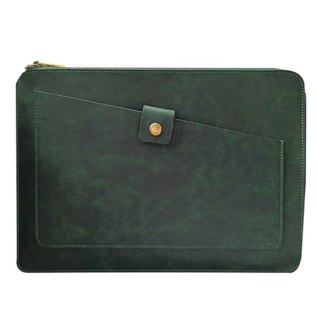 Genuine Leather Business Zipper Bag for 12-Inch Laptops and Tablets - dark green leather sleeve with front pocket and zipper