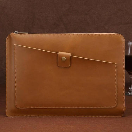 Genuine Leather Business Zipper Bag for 12-Inch Laptops and Tablets, tan leather sleeve with front pocket and zipper closure