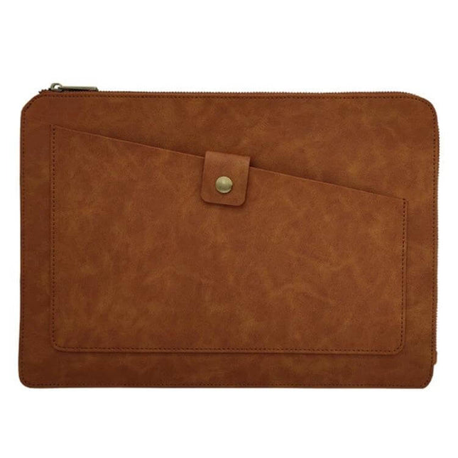 Genuine Leather Business Zipper Bag for 12-Inch Laptops and Tablets brown leather sleeve with front pocket and zipper