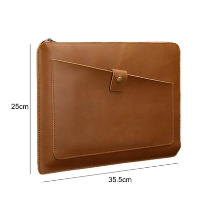 Genuine Leather Business Zipper Bag for 12-Inch Laptops and Tablets - tan leather sleeve with front pocket, zip closure, 35.5x25cm
