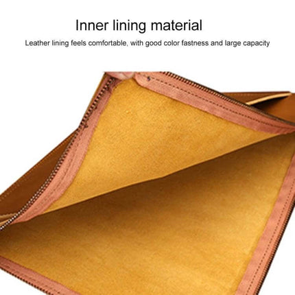 Genuine Leather Business Zipper Bag for 12-Inch Laptops and Tablets showing soft inner lining and zipper interior protection
