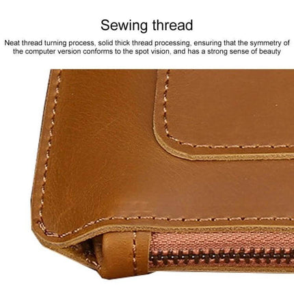 Genuine Leather Business Zipper Bag for 12-Inch Laptops and Tablets close-up of brown leather corner, stitching and zipper detail