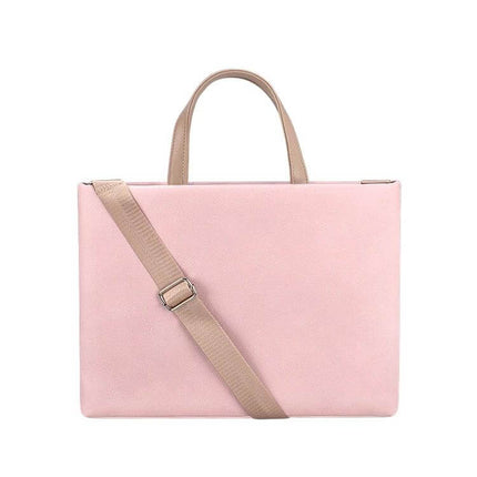 Waterproof PU Crossbody Bag for 13.3 Inch Laptops in Pink slim waterproof PU laptop bag with adjustable strap and top handles