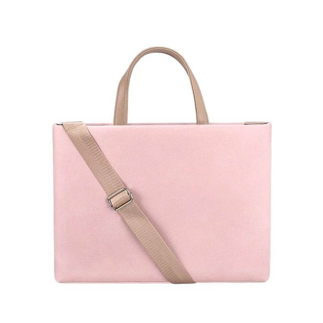 Waterproof PU Crossbody Bag for 13.3 Inch Laptops in Pink slim waterproof PU laptop bag with adjustable strap and top handles