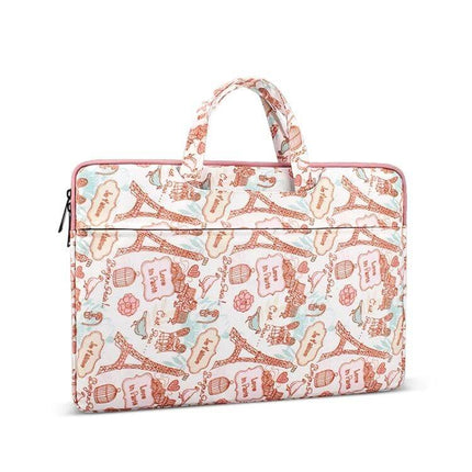 Canvas Waterproof Laptop Bag for 13.3 Inch Devices in pink Eiffel Tower print, padded sleeve with handle and front zip pocket