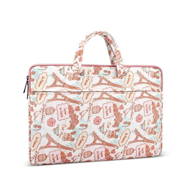 Canvas Waterproof Laptop Bag for 13.3 Inch Devices in pink Eiffel Tower print, padded sleeve with handle and front zip pocket