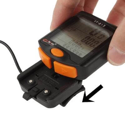 LCD Bicycle Speedometer For Daily Cycling With Easy Read Display mounted showing 1.7-inch LCD, buttons and plastic housing with magnet