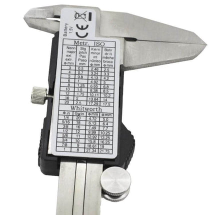 LCD Digital Vernier Caliper 150 Mm Range For Everyday Measuring showing LCD display, metric/SAE scales and chart for precise external, internal and depth measurements