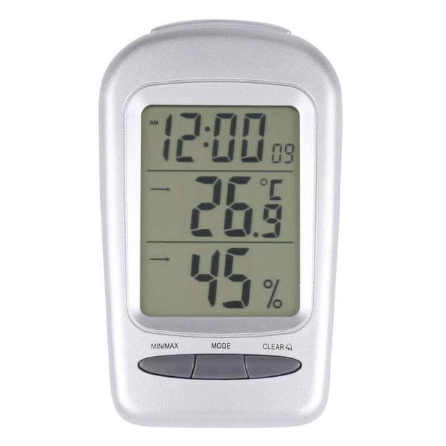 LCD Indoor Desk Thermometer Hygrometer With Date For Home And Office - compact LCD display showing time, 26.9°C and 45% humidity