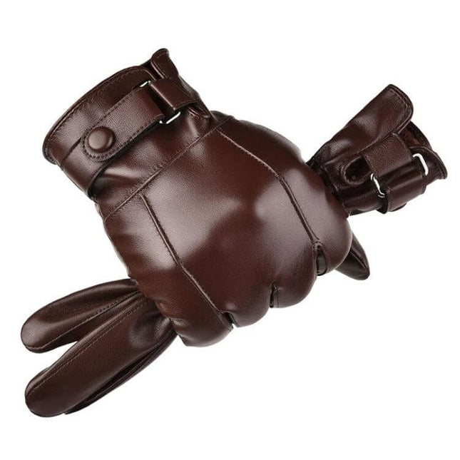 Leather Winter Gloves For Men With Touchscreen For Everyday Use - brown PU leather winter gloves with velvet lining and buckle detail, waterproof