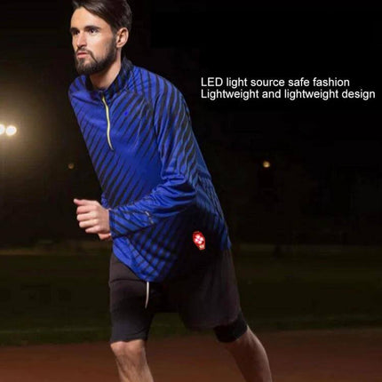 LED Back Clip Light For Outdoor Cycling And Running, Black clipped to runner’s jacket showing four-LED panel for night visibility