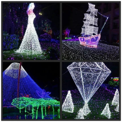 LED Holiday Decorative Lights 17m for Indoor and Outdoor Decor glowing sculptural ship, diamond and tree displays at night