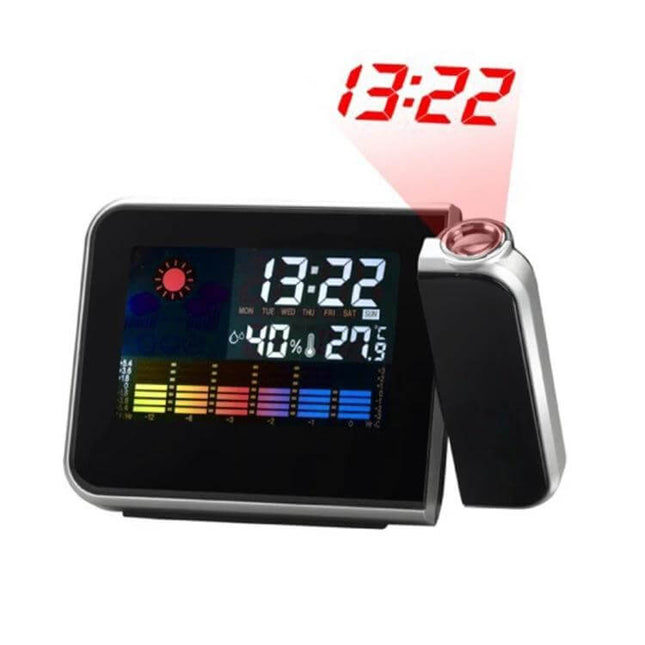 LED Projection Alarm Clock With Weather Station For Home showing color LED display with time 13:22, temperature, humidity and ceiling projection