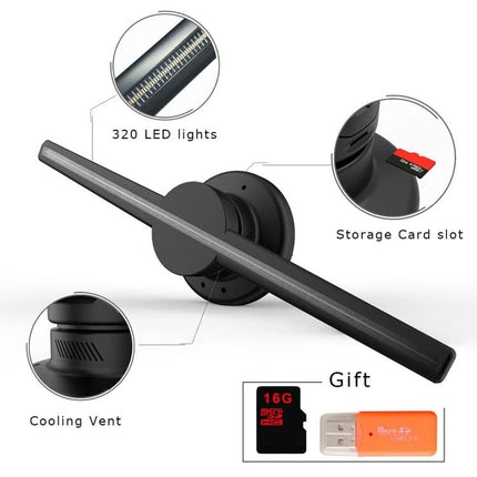 3D Holographic Fan Display with 42cm Diameter for Visuals showing 320 LED lights, storage card slot, cooling vent and 16GB gift