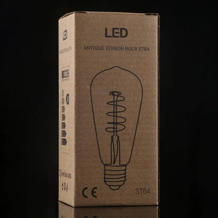 Retro LED Filament Bulb for Everyday Home Lighting Ambience — vintage-style ST64 bulb in eco-friendly packaging, 360-degree ambient LED lighting