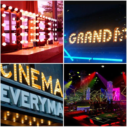 Enhance Your Home With Decorative LED Light Bulbs - collage showing vanity bulbs, marquee signs, cinema lights, and colorful stage LEDs