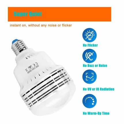 Manto Light Bulb for Home Photography and Video shown with icons for no flicker, no noise, no UV/IR radiation and instant on