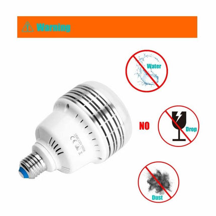 Manto Light Bulb for Home Photography and Video showing bulb with no-water, no-drop, no-dust icons