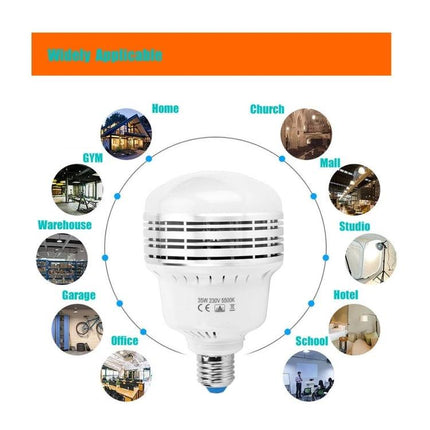 Manto Light Bulb for Home Photography and Video showing LED bulb with example use cases like studio, office, garage and hotel