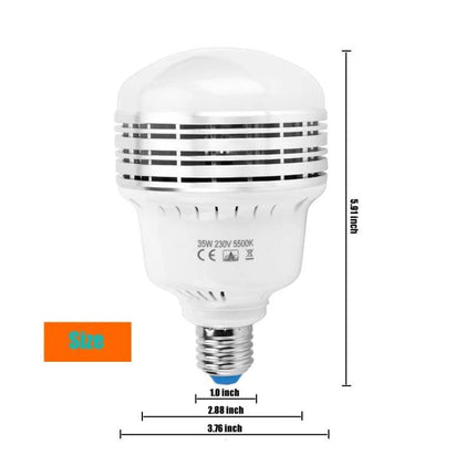 Manto Light Bulb for Home Photography and Video showing 35W LED bulb with dimensions and even illumination for product photos and video setups